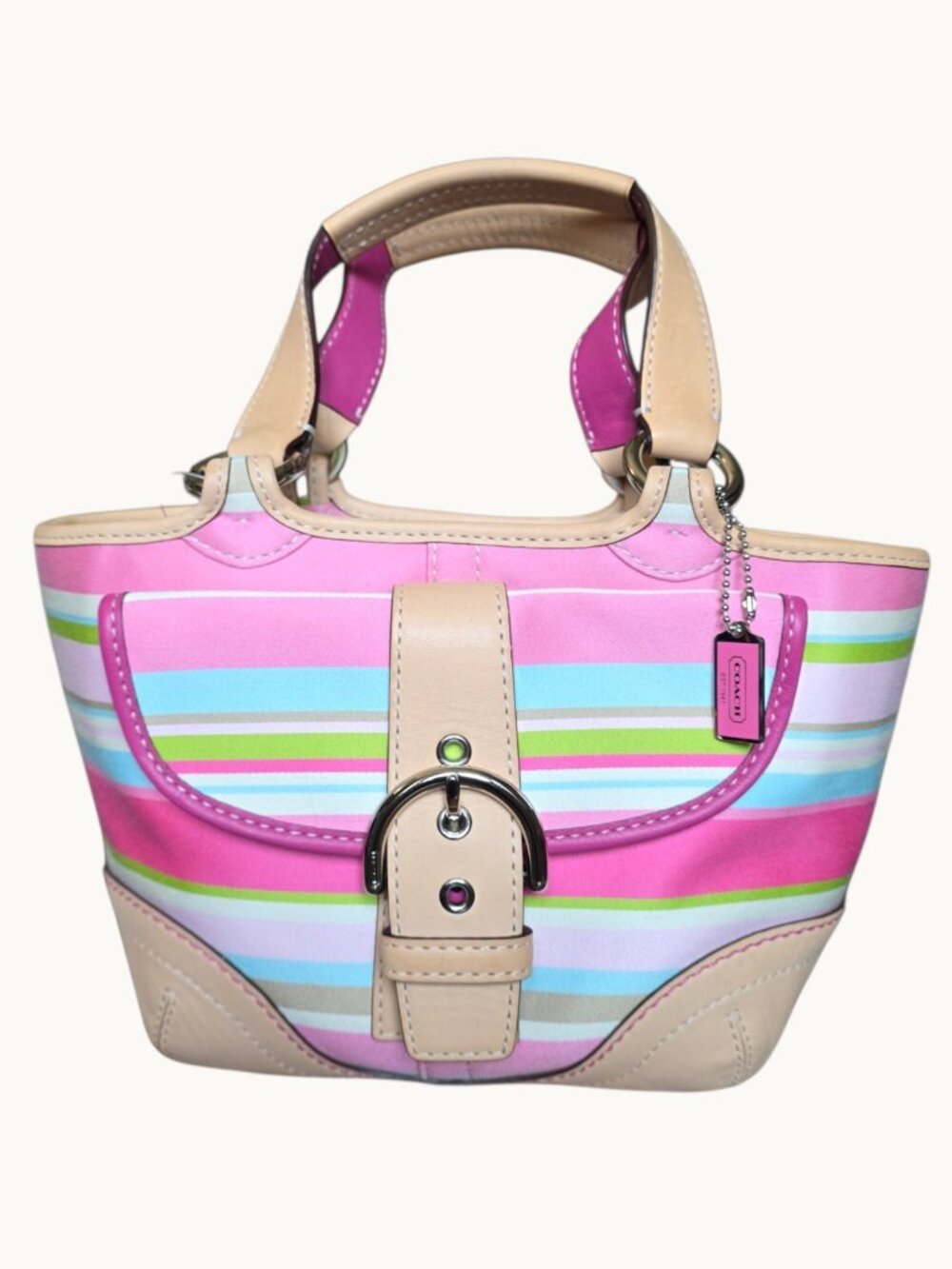 Coach Hampton Soho Stripe Tote 1888 Pink Multi Vachetta Leather Satchel Bag - Picture 5 of 16